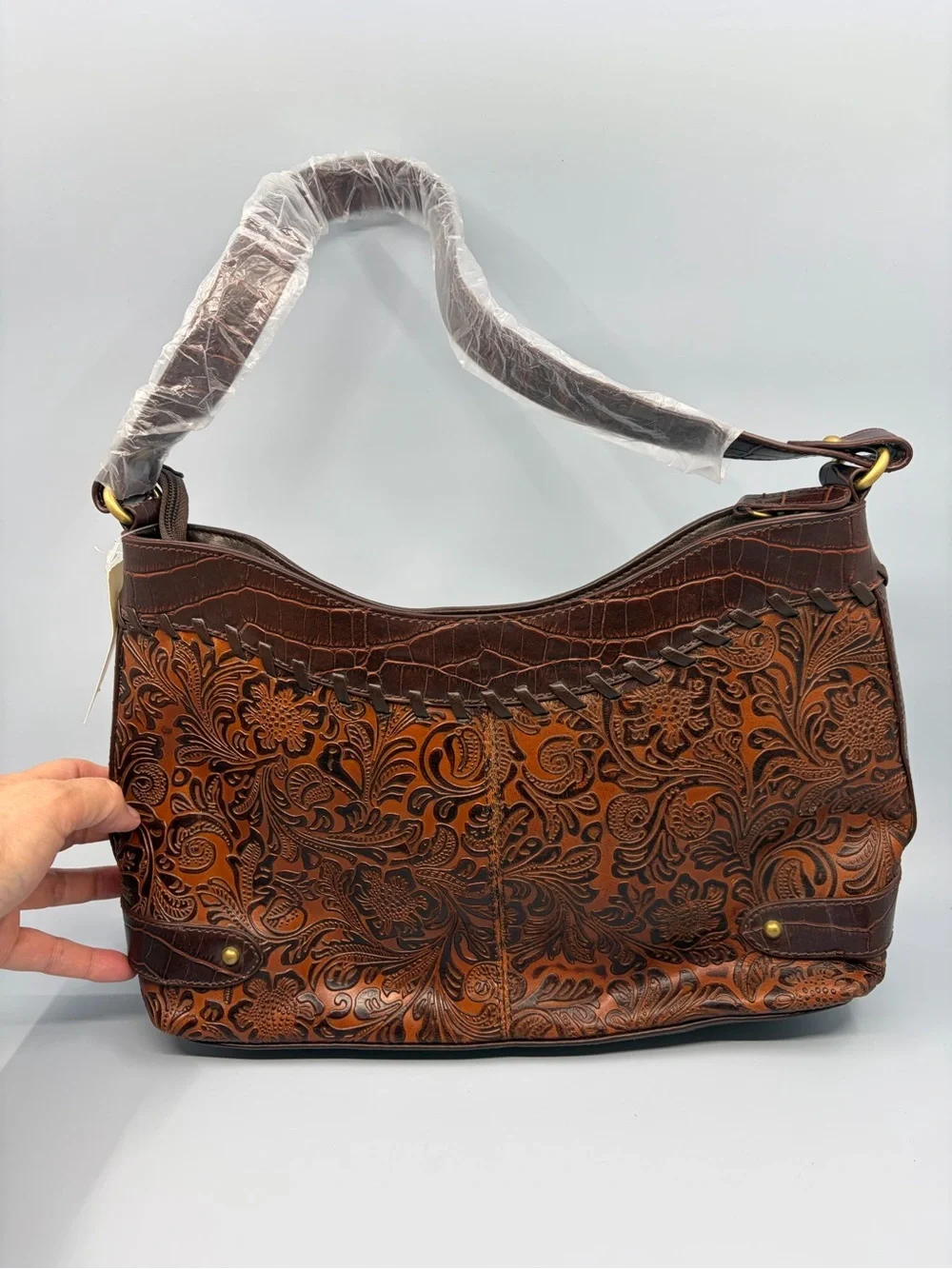 NWT Coldwater Creek Brown Floral Tooled Shoulder Bag Croc Trim Western Boho New